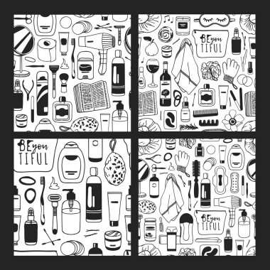 Elle çizilmiş Dikişsiz desen kozmetik ile dizi. Vektör çizim. Güzellik ürünleri ile gerçek arka plan. Özgün doodle tarzı banyo şeyler çizim. Yaratıcı mürekkep sanat eseri