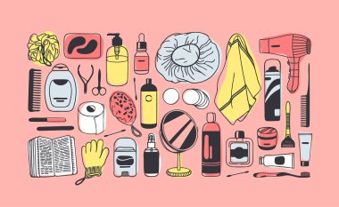 El set güzellik ürünleri ile çekilmiş. Pembe banyo vektör arka plan. Gerçek moda illüstrasyon. Özgün doodle tarzı çizim. Yaratıcı mürekkep sanat eseri