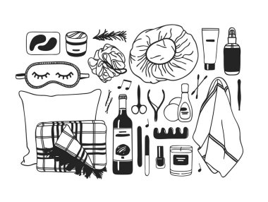 El set güzellik ürünleri ile çekilmiş. Siyah ve beyaz banyo vektör arka plan. Gerçek moda illüstrasyon. Özgün doodle tarzı çizim. Yaratıcı mürekkep sanat eseri