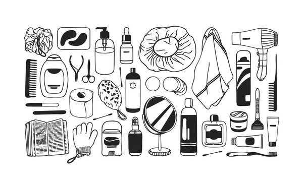 Set Dibujado Mano Con Productos Belleza Fondo Vectorial Baño Blanco — Vector de stock