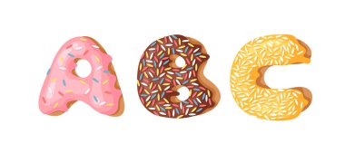 Vektör çizim Donut harf Abc karikatür. Elle çizilmiş yazı tipi tatlı çörek ile. Gerçek yaratıcı sanat fırında alfabesi 