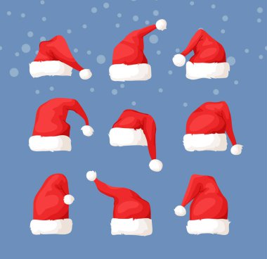 El Noel şapka ve kar mavi zemin üzerine çekilmiş. Karikatür çizim. Vektör sanat illüstrasyon kar yağışı