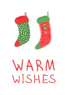 Beyaz arka plan üzerinde hediyeler için elle çizilmiş kümesi rahat Noel çorap. Mutlu tatil tebrik kartı. Komik karikatür çizim ve metin. Vektör sanat çizim