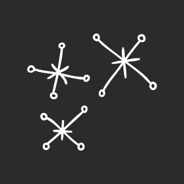 El vintage kar taneleri kümesi çekilmiş. Siyah arka plan üzerine beyaz. Özet doodle çizim kar. Vektör retro sanat çizim