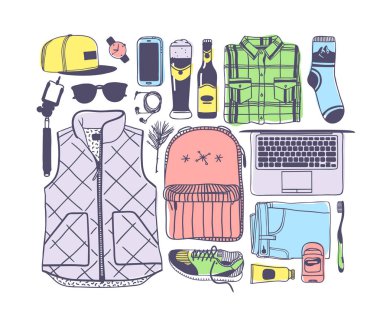 El moda illüstrasyon snowboard şeyler çekilmiş. Yaratıcı mürekkep sanat eseri. Gerçek rahat vektör çizim binicinin öğeleri ile. Kış spor ayarla: giyim, Ayakkabı, aksesuarlar, gıda, içecekler, şeyler