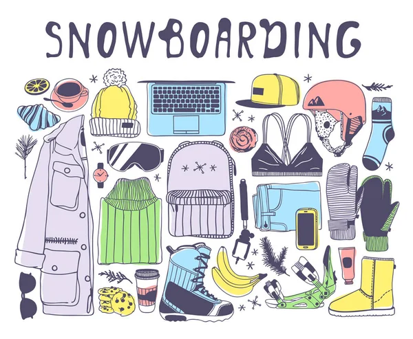 Ilustración Moda Dibujada Mano Snowboarding Things Tinta Creativa Obra Arte — Vector de stock