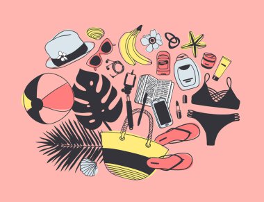 Elle çizilmiş moda resimde ne benim çantam. Vektör resim geçici nesneler üzerinde pembe bir arka plan. Sanatsal doddle çizim. Yaratıcı mürekkep sanat eseri