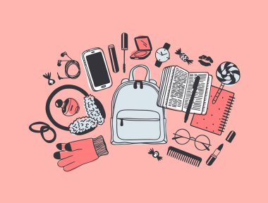 Elle çizilmiş moda resimde ne benim çantam. Vektör resim geçici nesneler üzerinde pembe bir arka plan. Sanatsal doddle çizim. Yaratıcı mürekkep sanat eseri