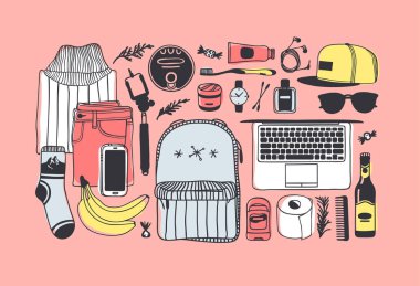 Elle çizilmiş moda resimde ne benim çantam. Vektör resim geçici nesneler üzerinde pembe bir arka plan. Sanatsal doddle çizim. Yaratıcı mürekkep sanat eseri