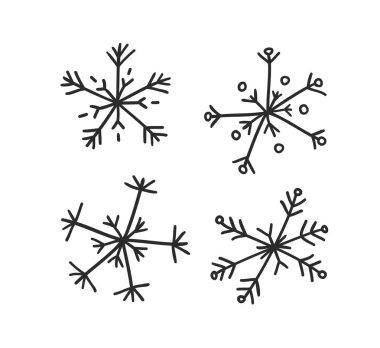 El vintage kar taneleri kümesi çekilmiş. Beyaz arka plan üzerine siyah. Özet doodle çizim kar. Vektör retro sanat çizim