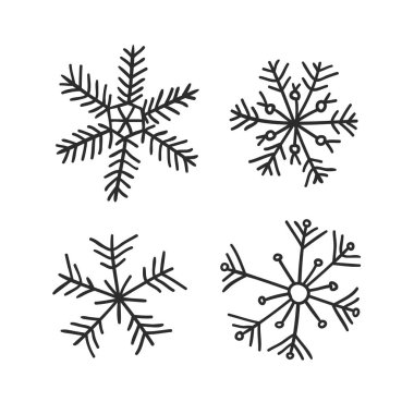 El vintage kar taneleri kümesi çekilmiş. Beyaz arka plan üzerine siyah. Özet doodle çizim kar. Vektör retro sanat çizim