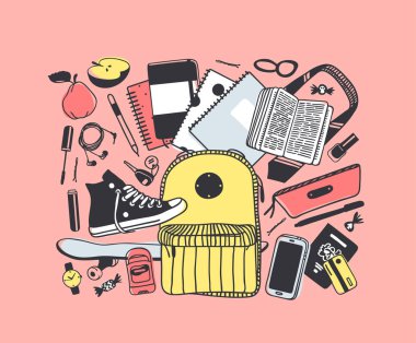 Elle çizilmiş moda resimde ne benim çantam. Vektör resim geçici nesneler üzerinde pembe bir arka plan. Sanatsal doddle çizim. Yaratıcı mürekkep sanat eseri