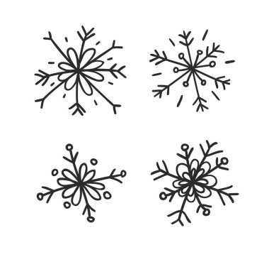 El vintage kar taneleri kümesi çekilmiş. Beyaz arka plan üzerine siyah. Özet doodle çizim kar. Vektör retro sanat çizim