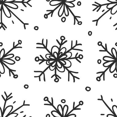 Elle çizilmiş seamless modeli. Siyah ve beyaz arka plan. Özet doodle çizim kar tanesi. Vektör sanat illüstrasyon kar