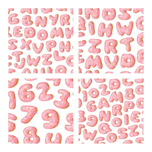 Набор Мультипликационных Векторных Иллюстраций Пончики Буквы Цифры Ручной Рисунок Бесшовный — стоковый вектор