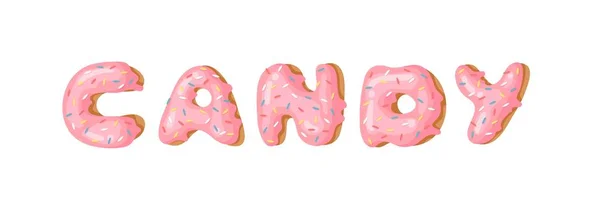 Cartoon Vektor Illustration Donut Und Wort Süßigkeiten Handgezeichnete Zeichnung Süßes — Stockvektor