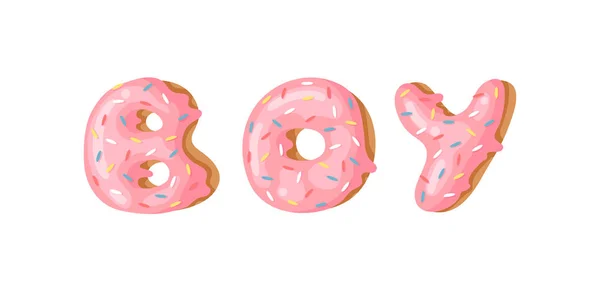 Cartoon Vector Illustratie Donut Hand Getrokken Word Jongen Met Zoete — Stockvector