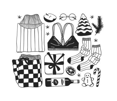 Elle çizilmiş Christmas illüstrasyon. Yaratıcı mürekkep sanat eseri. Gerçek rahat vektör çizim. Kış tatil şeyler, aksesuar, dekorasyon, gıda, içecekler, giyim