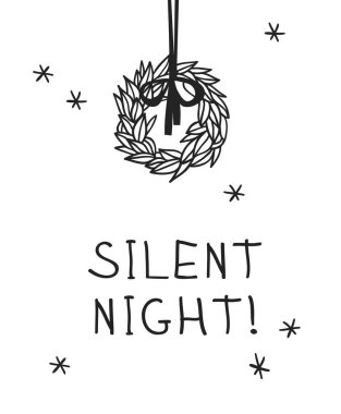 El Beyaz arka plan üzerinde Noel çelenk çekilmiş. Yaratıcı mürekkep sanat eseri. Gerçek vektör çizim dekorasyon ve metin sessiz gece doodle!