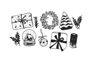 El çekilmiş Noel oyuncaklar ve beyaz arka plan üzerinde şeyler. Yaratıcı mürekkep sanat eseri. Gerçek vektör çizim doodle