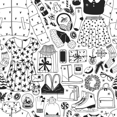 Hand drawn Christmas and New Year illustration. Creative ink art work. Actual cozy vector seamless pattern. Winter set of Holidays things, accessories, decoration, food, drinks clipart