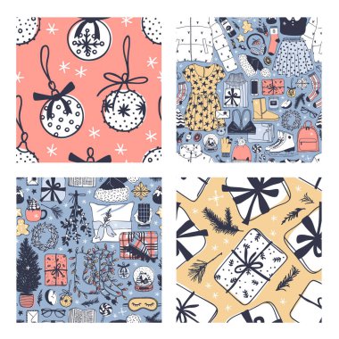 Elle çizilmiş Noel ve yeni yıl çizim. Yaratıcı mürekkep sanat eseri. Gerçek rahat vektör seamless modeli. Kış tatil şeyler, aksesuar, dekorasyon, yemek, İçecek