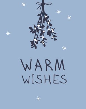 El üzerinde mavi arka plan Christmas ökse otu çekilmiş. Yaratıcı mürekkep sanat eseri. Gerçek vektör çizim dekorasyon ve metin sıcak dilek doodle