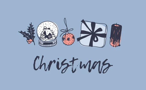 Juguetes Navidad Dibujados Mano Cosas Sobre Fondo Azul Tinta Creativa — Vector de stock
