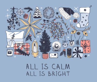 Elle çizilmiş Christmas illüstrasyon. Yaratıcı mürekkep sanat eseri. Gerçek rahat vektör çizim. Kış tatil şeyler, aksesuar, dekorasyon, yemek, İçecek