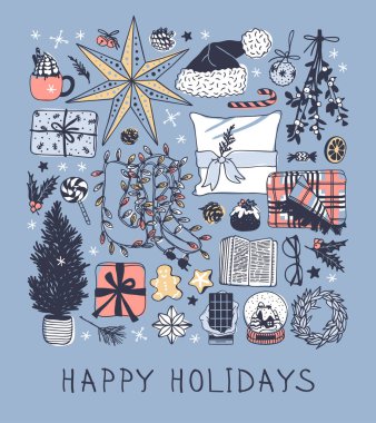 Elle çizilmiş Christmas illüstrasyon. Yaratıcı mürekkep sanat eseri. Gerçek rahat vektör çizim. Kış tatil şeyler, aksesuar, dekorasyon, yemek, İçecek