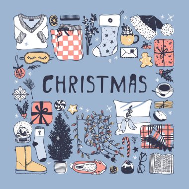 Elle çizilmiş Christmas illüstrasyon. Yaratıcı mürekkep sanat eseri. Gerçek rahat vektör çizim. Kış tatil şeyler, aksesuar, dekorasyon, yemek, İçecek