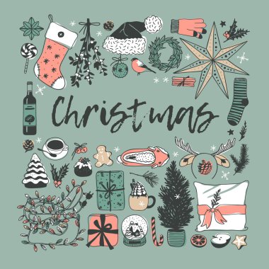 Elle çizilmiş Christmas illüstrasyon. Yaratıcı mürekkep sanat eseri. Gerçek rahat vektör çizim. Kış tatil şeyler, aksesuar, dekorasyon, yemek, İçecek