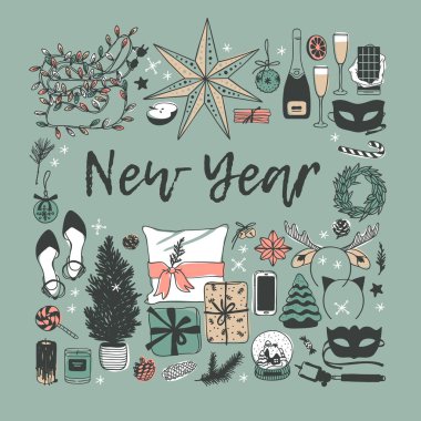 Elle çizilmiş Christmas illüstrasyon. Yaratıcı mürekkep sanat eseri. Mutlu yeni yıl çizim gerçek rahat vektör. Kış tatil şeyler, aksesuar, dekorasyon, yemek, İçecek