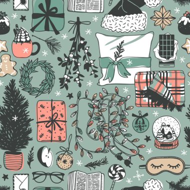 Elle çizilmiş Noel ve yeni yıl çizim. Yaratıcı mürekkep sanat eseri. Gerçek rahat vektör seamless modeli. Kış tatil şeyler, aksesuar, dekorasyon, yemek, İçecek