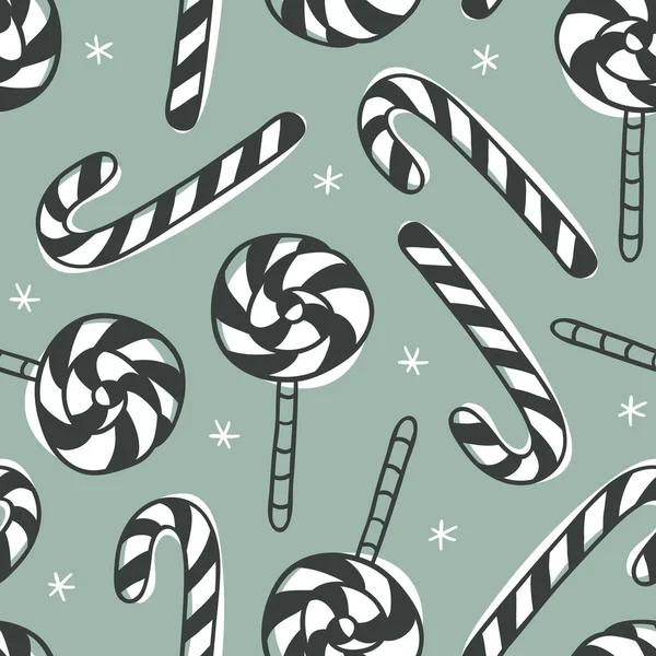 Handgezeichnetes Weihnachtliches Nahtloses Muster Mit Süßigkeiten Auf Grünem Hintergrund Kreative — Stockvektor