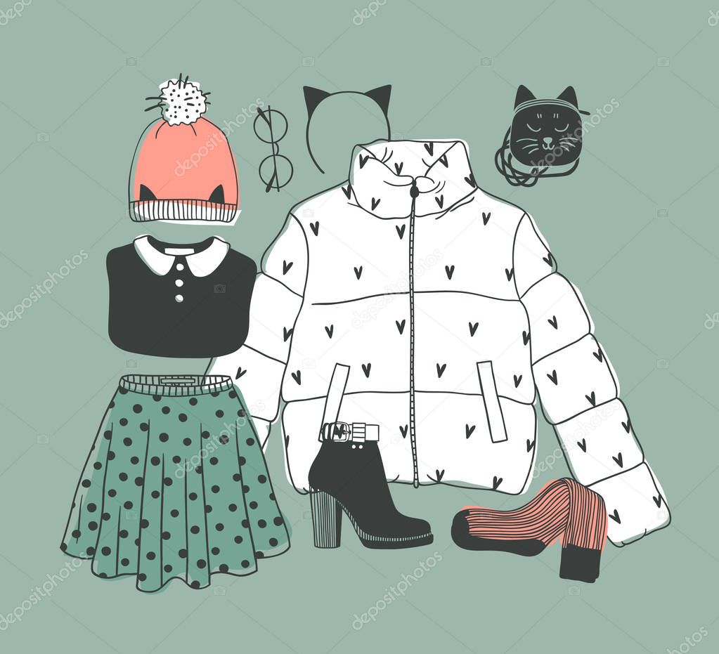 Hand drawn Christmas illustration. Creative ink art work. Actual cozy vector drawing. Winter set of Holidays things, accessories, decoration, food, drinks, wear
