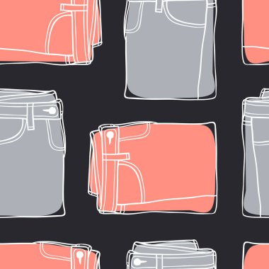 El kot giyim ile seamless modeli çekilmiş. Moda vektör arka plan. Gerçek illüstrasyon Denim kıyafeti. Özgün doodle tarzı giyim çizim. Yaratıcı mürekkep sanat eseri