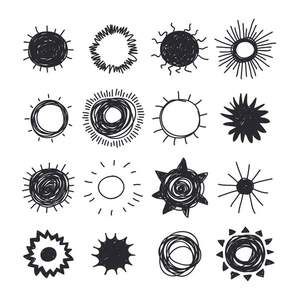 Hand Drawn Illustration Sun Doodle Style Element Set Black Solar — Stock Vector