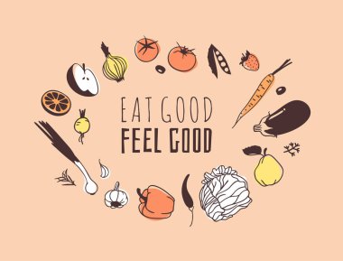 Elle çizilmiş resimde meyveler, sebzeler ve alıntı. Yaratıcı mürekkep sanat eseri. Gerçek vektör çizim. Mutfak takımı ve metin yemek iyi, Feel Good