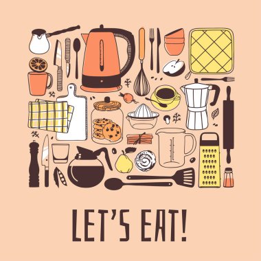 Hand drawn illustration cooking tools, dishes, food and quote. Creative ink art work. Actual vector drawing. Kitchen set and text LET'S EAT clipart