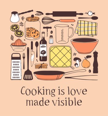 Çizilmiş çizim araçları, yemekler, yemek ve teklif yemek ver. Yaratıcı mürekkep sanat eseri. Gerçek vektör çizim. Mutfak takımı ve metin yemek aşk yapılan görünür durumda