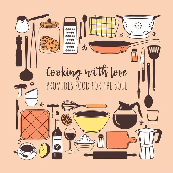 Χέρι Συρμένη Απεικόνιση Μαγειρεύοντας Εργαλεία Πιάτα Τροφίμων Και Προσφορά Δημιουργική — Διανυσματικό Αρχείο