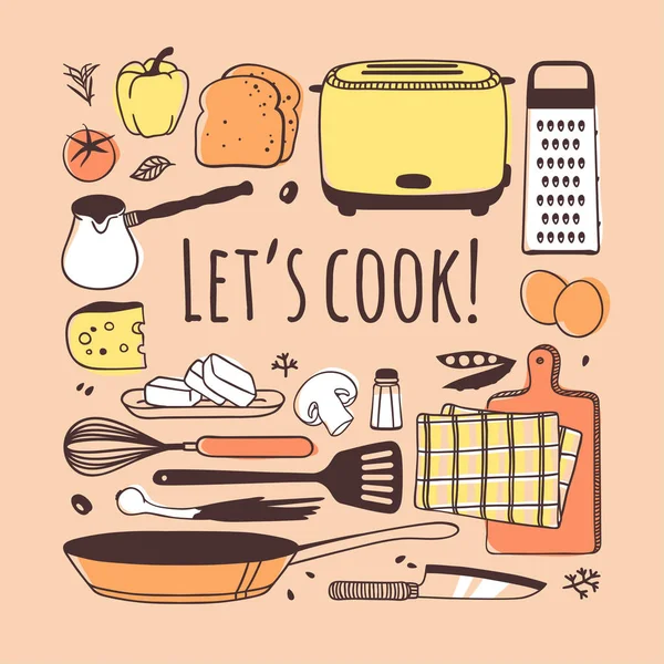 Χέρι Συρμένη Απεικόνιση Μαγειρεύοντας Εργαλεία Πιάτα Τροφίμων Και Προσφορά Δημιουργική — Διανυσματικό Αρχείο