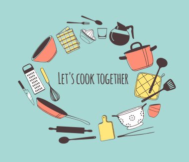 El çizim pişirme araçları ve yemekler ve teklif çekilmiş. Yaratıcı mürekkep sanat eseri. Gerçek vektör çizim. Mutfak takımı ve metin birlikte Hadi aşçı