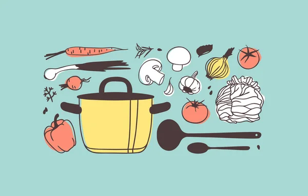 Ilustração Desenhada Mão Ferramentas Cozinha Pratos Alimentos Tinta Criativa Obra —  Vetores de Stock