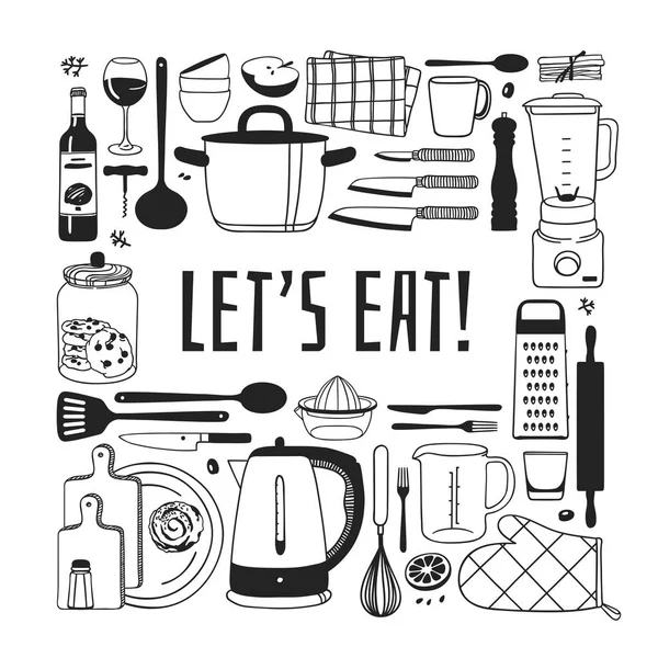 Handgezeichnete Illustration Kochwerkzeuge Geschirr Lebensmittel Und Zitat Kreative Tintenkunstwerke Tatsächliche — Stockvektor