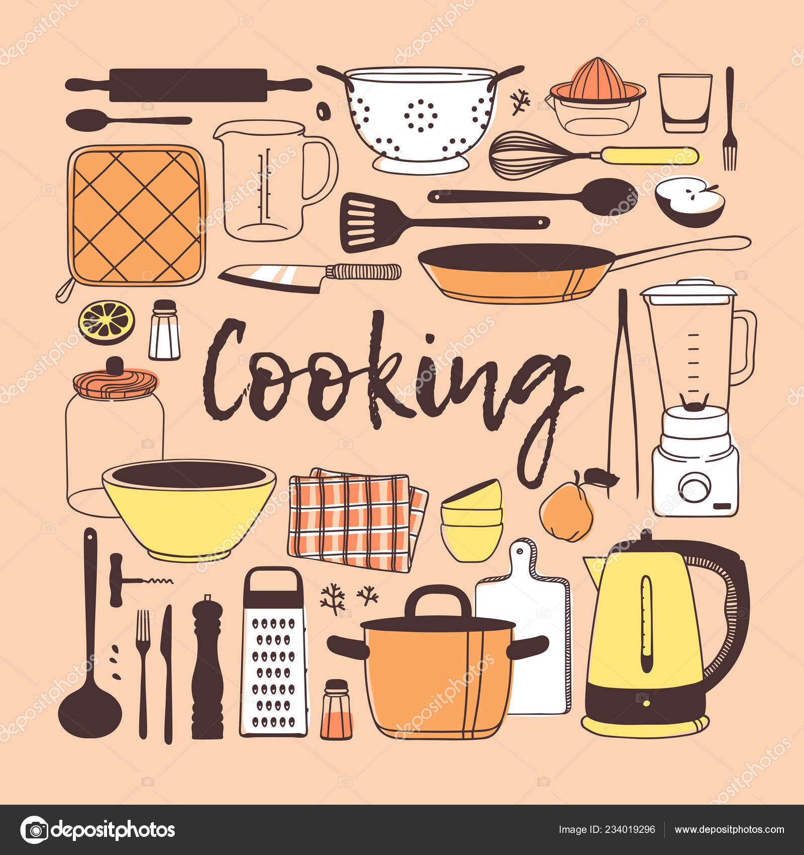 Kitchen Cooking Utensils And Food Set Stock Illustration