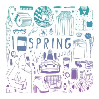 Elle çizilmiş moda illüstrasyon. Yaratıcı mürekkep sanat eseri. Çizim gerçek vektör bahar. Bahar aşınma ayarlamak. Vektör
