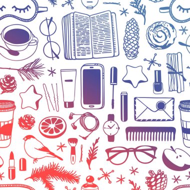 El Noel nesneler ile çizilmiş seamless modeli. Vektör kutlama çizim. Yaratıcı sanat çalışmaları. Sıcacık kış dekorasyon. Doodle tatil arka plan. -Vektör