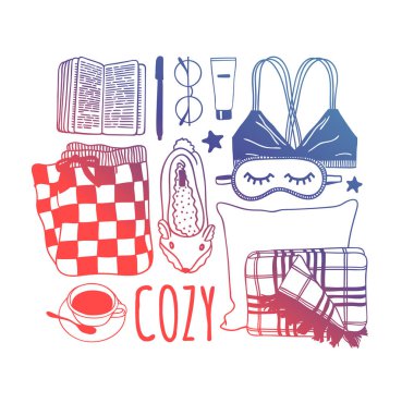 Elle çizilmiş kış giysileri ayarlayın. Yaratıcı sanat çalışmaları. Sıcacık kış dekorasyon. Doodle tatil arka plan. -Vektör